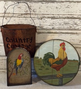Hand Painted Rooster Cheese Box, Country Cottage Wall Pocket, Painted Parrot Decor