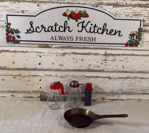 Metal Scratch Kitchen Sign, Vintage Syrup bottle and Nut Chopper, Mini Thermos, National Pan