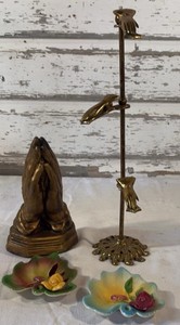 Chalkware Praying Hands, MCM Brass Hands Clip, Trinket Dishes