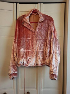 Womens Blush Pink Crushed Velvet Puffer Bomber Jacket Size M