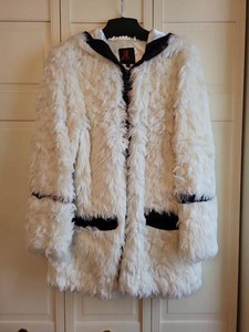 Adrienne Landau Hooded Faux Fur Coat White Black Trim Size L