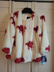 Adrienne Landau Faux Fur Jacket Ivory Red Leaf Print Womens M NWT