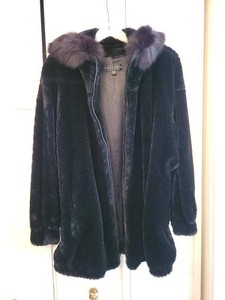 Gallery Faux Fur Coat Dyed Black Fox Trim Hooded Jacket Size M