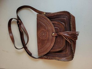 Brown Tooled Leather Crossbody Shoulder Bag Tassel Whipstitch