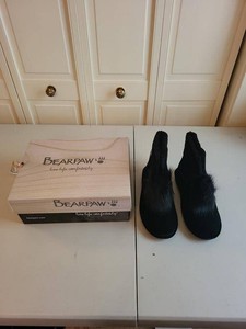 Bearpaw Libby Ankle Boots Black II Fur Trim Womens Size 9
