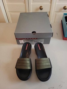 Prada Womens Wedge Slide Sandals Military Green Nylon Size 39.5