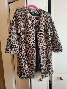 Dennis Basso Leopard Print Faux Fur Coat Womens Size M