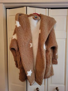G.I.L.I. Hooded Sherpa Cardigan Tan White Star Print Womens