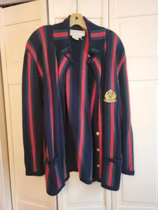 Adrienne Vittadini Sport Striped Cotton Crest Cardigan Sweater M