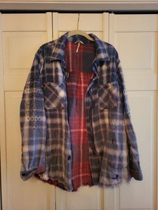 Free People Distressed Plaid Studded Zip Front Shirt Jacket Women��s