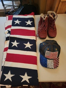 Lot of Patriotic Americana Throw Boots & Rhinestone Denim Cap