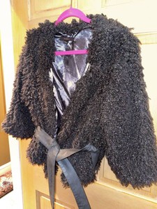 Fever Black Shag Faux Fur Wrap Jacket Satin Tie Open Front