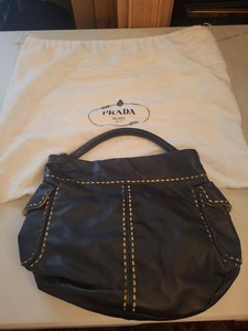 Prada Milano Leather Shoulder Bag Brown Yellow Contrast Stitch Hobo