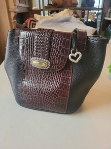 Brighton Black Brown Croc Embossed Leather Shoulder Bag Heart Charm