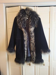 Barebac Genuine Leather Lamb Fur Trim Coat Black Womens XL