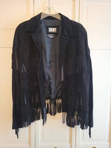 DKNY Donna Karan New York Black Leather Fringe Jacket Womens L