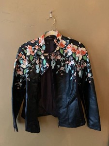 Colleen Lopez Floral Moto Jacket Black Asymmetrical Zip Womens M