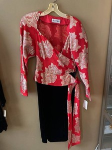 Albert Nipon Evening Dress Red Metallic Floral Black Velvet Size 10