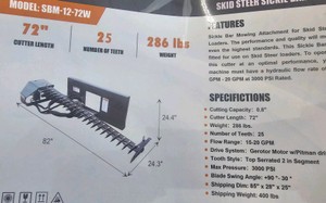 Unused 2026 WOLVERINE Skid Steer Sickle Bar Mower SBM-12-72W