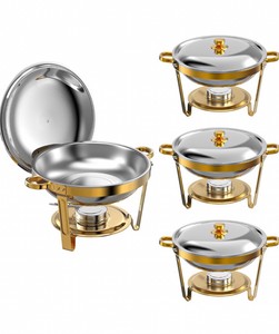 Chafing Dishes for Buffet 4 Pack, 5Qt Round Stainless Steel Chafing Dishes Elegant and Smooth Stainless Steel Chafing Dish Buffet Set for Weddings, Parties and Catering, Gold
