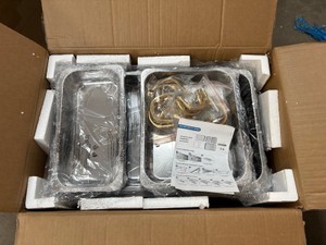 Chafing Dish Set, 4 Pack, Gold Handles Silver Trays, Box Says the Size for Each Chafing Dish is 60.5 cm x 41 cm x 32.5 cm (Theyre measured in centimeters and not inches) Comes New in Open Box Condition