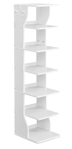 7-Tier Vertical Shoe Rack, Narrow Shoe Storage Organizer with Hooks, Slim Corner Tower Shelf, Space-Saving for Entryway and Bedroom COLOR IS GRAYISH BROWN DESPITE STOCK PHOTO THAT IS WHITE