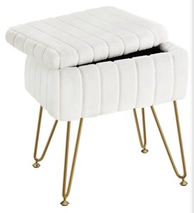 Vanity Stool Chair Faux Fur with Storage, 15.7L x 11.8W x 19.4H Soft Ottoman 4 Metal Legs with Anti-Slip Feet, Furry Padded Seat, Modern Multifunctional Chairs for Makeup, Bedroom COLOR IS BLACK DESPITE STOCK PHOTO, PLEASE LOOK AT OTHER PICTURES AND RE