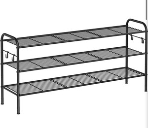 Shoe Rack, 3-Tier Shoe Organizer, Metal Shoe Shelf Storage with 4 Side Hooks, Holds 24 Pairs of Shoes, Height-Adjustable Shoe Rack for Entryway, Hallway, Closet, Ink Black ULMR131B01