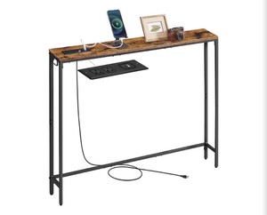 Console Table with Power Outlet, Slim Behind Couch Sofa Table, 5.9 x 39.4 x 31.5 Inches, 1 Hook, Easy Assembly, for Entryway, Living Room, Rustic Brown and Ink Black ULNT079K01