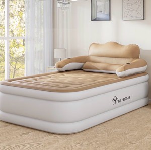FullXL Size Air Mattress with Headboard, 18in Inflatable with Pillow, Blow Up Mattress with Removable Electric Pump, Comfort Air Bed Queen for Camping & Home, Brown color