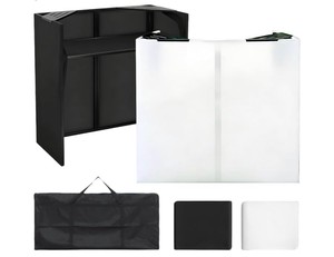 DJ Booth Portable 44  21  48in, DJ Facade Booth DJ Table Stand wBlack & White Scrim, Carrying Bag, Metal Foldable DJ Stand Table Station for Wedding, Show, Party RETAIL $200.00
