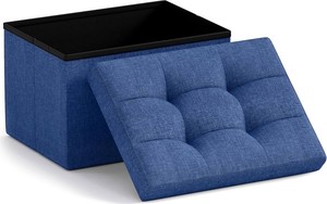 Small Storage Ottoman Foldable Collapsible Rectangle Linen Ottoman Foot Rest Stool Seat, for Living Room, Bedroom, Home Office, Dorm - 12 x 16 x 12, Navy Blue