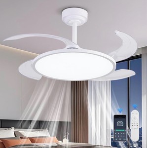 Retractable Ceiling Fan with Lights and Remote,42 Fandelier Ceiling Fan with Dimmable Full Spectrum,Timer Setting,Silent DC Motor,Modern Bladeless Fan for Bedroom Dining Room,White