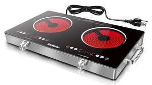 2 Burner Electric Cooktop 110V, Portable Electric Stove with Handle, Knob Control Electri Hot Plate, Ceramic Countertop Burner, Timer, Safety Lock, 9 Power Level, 2000W, 24 inch