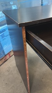 Wooden Desk, Dark Brown Color Two Drawers and One Shelf With Closing Door, Some Wear on Sides and Top of Desk