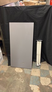 Heavy Duty Gray Wooden Table with Metal Lega, Comes With Original Screws to Mount the Legs, The Screws are Taped to the Underside of the Table so They Dont Get Lost, Great for Office, Shops, Businesses or Home Use, Dent in the Top of the Table