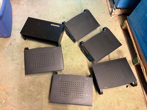 Assortment of Six Black LaptopComputer RisersStands, Great for Home Use, Business or Office, Five are the Same and One is Wood