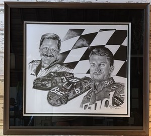 Dale Earnhardt Sr and Jr Black and White Lithograph