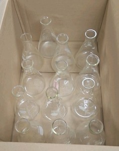 box of glass beakers