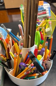 pens, pencils, colored pencils, markers, fidgets, multipurpose labels, masks, stapler