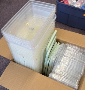 box of small totes with lids