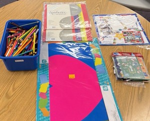 stickers, card stock paper, colored pencils, posterboard