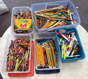 large lot of crayons, colored pencils and markers