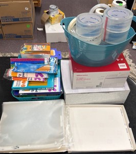 miscellaneous lot of pencils, envelopes, packing tape and laminating paper