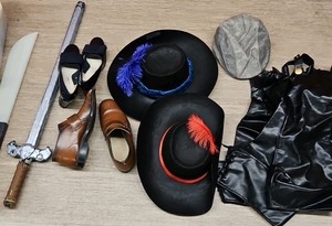 plastic tote of costume accessories