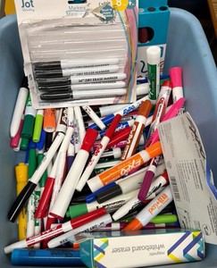 Bin of dry erase markers