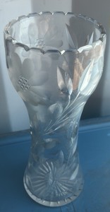 Vintage Clear Pressed Glass Vase with Floral Pattern & Scalloped Rim