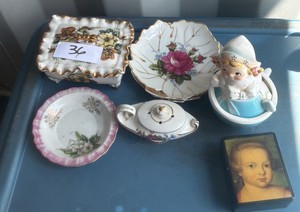 Lot of 6 Vintage Porcelain & Ceramic Trinket Dishes, Figurine & Box