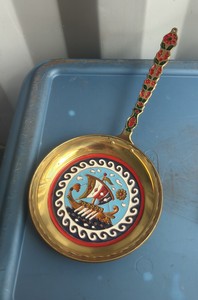 Vintage Norwegian Enamel & Brass Decorative Wall Pan (Viking Ship)