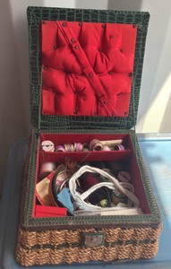 Vintage Wicker Sewing Box with Tufted Lid & Sewing Notions